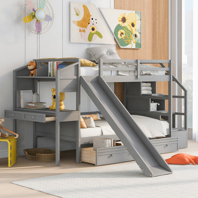 Twin over Twin Bunk Bed with Storage Staircase, Slide and Drawers, Desk with Drawers and Shelves, Gray - Home Elegance USA