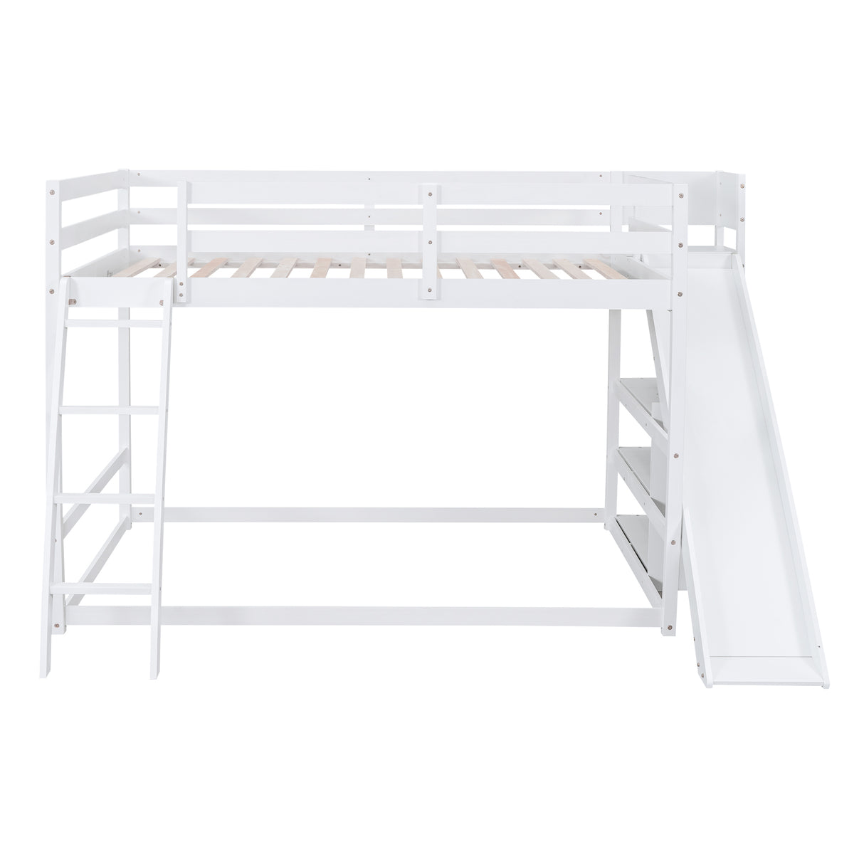 Full over Full Bunk Bed with Ladder, Slide and Shelves, White - Home Elegance USA