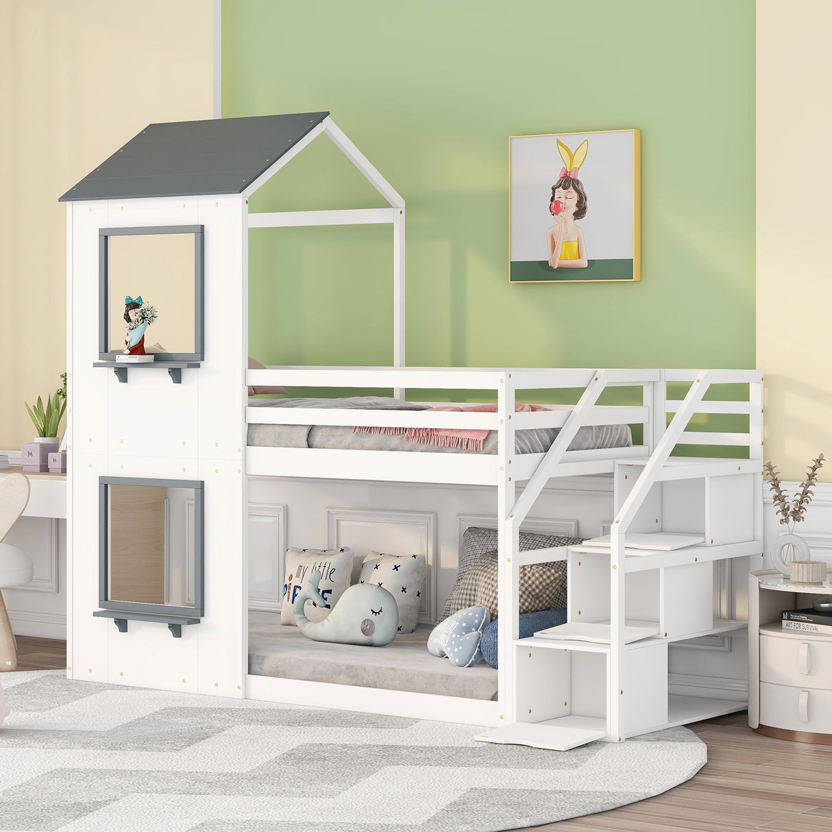 Twin Over Twin Bunk Bed with Storage Stairs,Wood Bed with Roof, Window, Guardrail, Ladder，White - Home Elegance USA