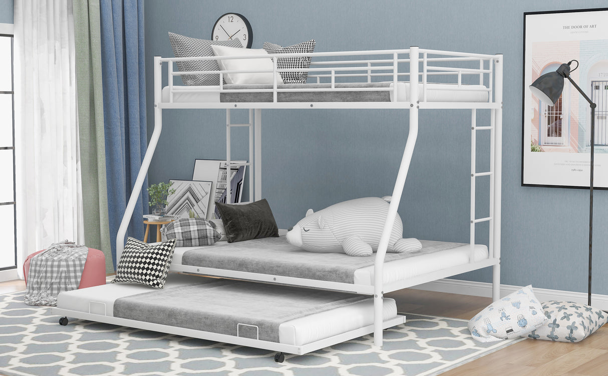 Twin over Full Bed with Sturdy Steel Frame, Bunk Bed with Twin Size Trundle, Two-Side Ladders, White(OLD SKU:MF194424AAK) - Home Elegance USA