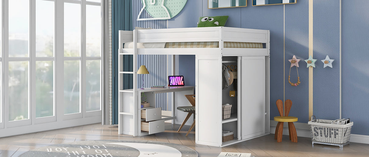 Wood Full Size Loft Bed with Wardrobes and 2-Drawer Desk with Cabinet, White - Home Elegance USA