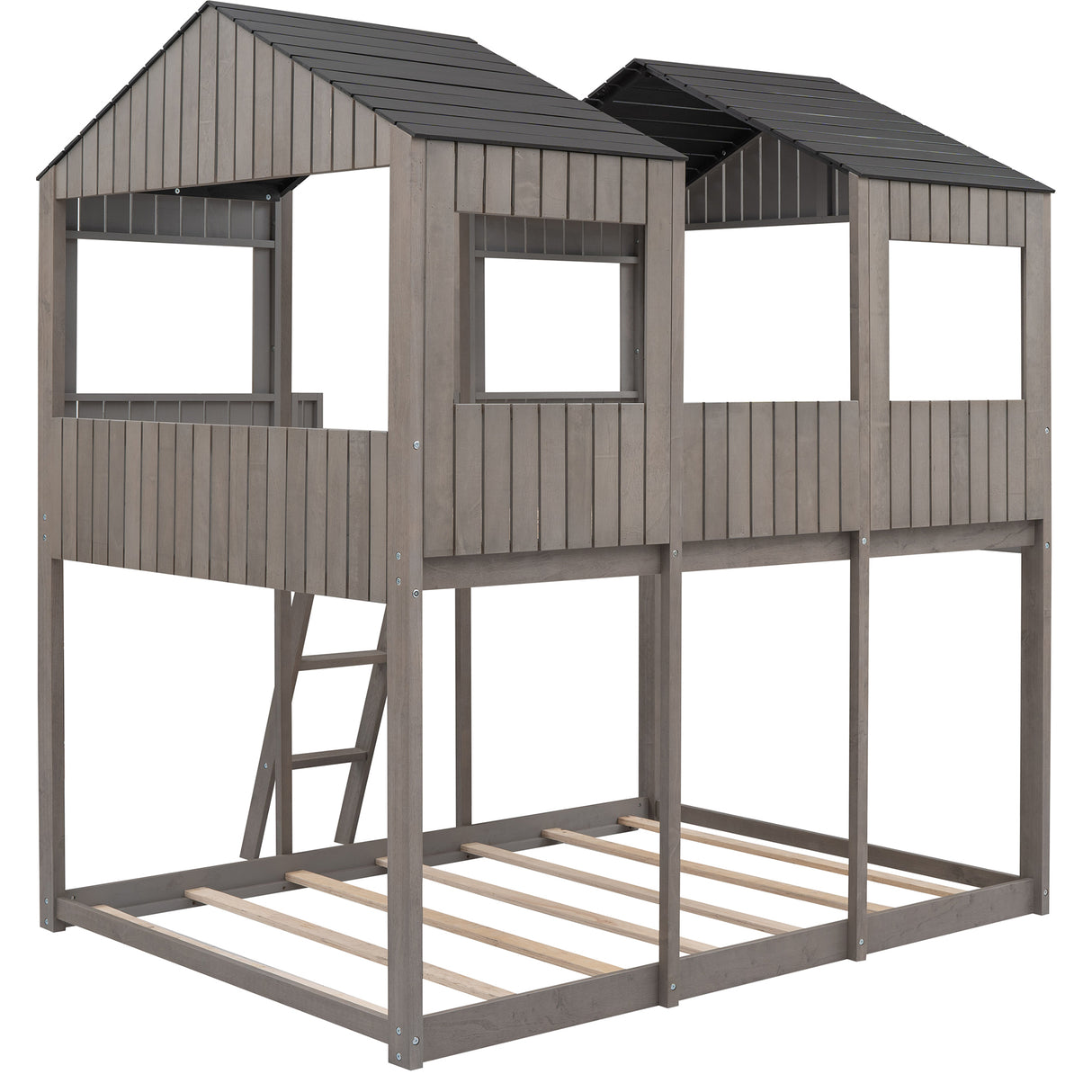 Full Over Full WoodBunk Bed with Roof, Window, Guardrail, Ladder  ( Antique Gray )( old sku: LP000031AAE ) - Home Elegance USA