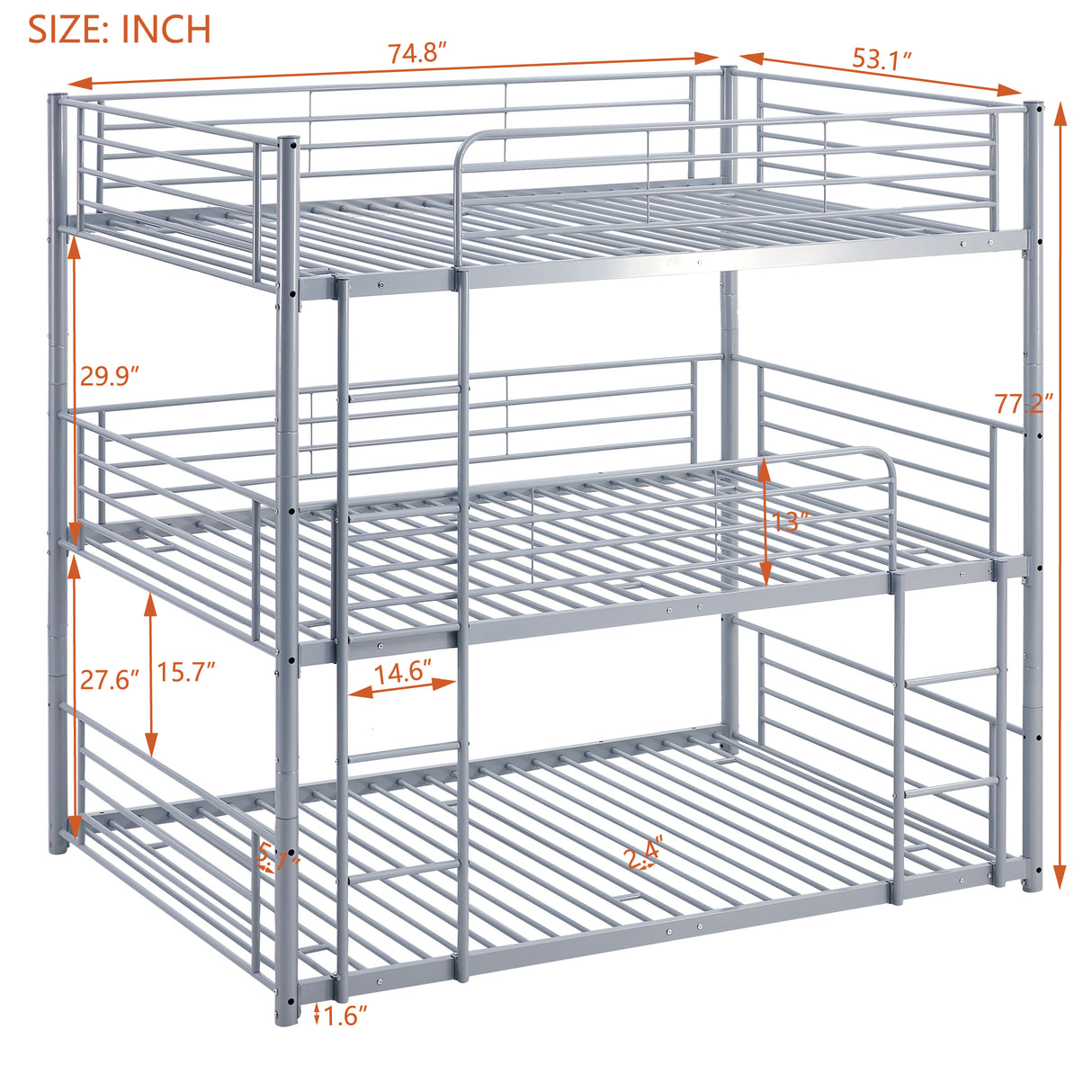 Full-Full-Full Metal  Triple Bed  with Built-in Ladder, Divided into Three Separate Beds,Gray - Home Elegance USA