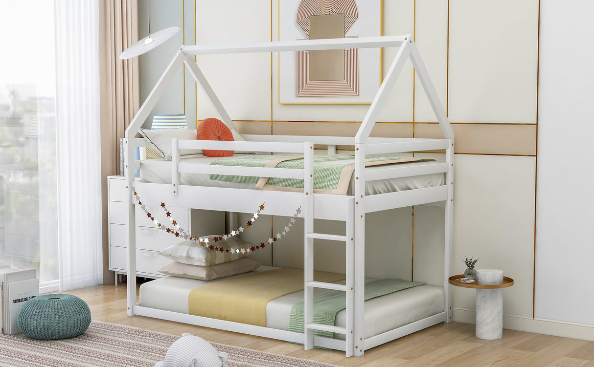 Twin over Twin Low Bunk Bed, House Bed with Ladder , White(OLD SKU:WF197808AAK) - Home Elegance USA