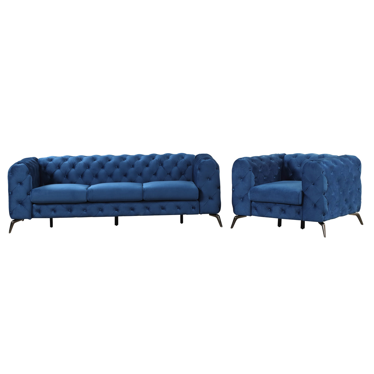 Modern 3-Piece Sofa Sets with Sturdy Metal Legs,Velvet Upholstered Couches Sets Including Three Seat Sofa, Loveseat and Single Chair for Living Room Furniture Set,Blue Home Elegance USA