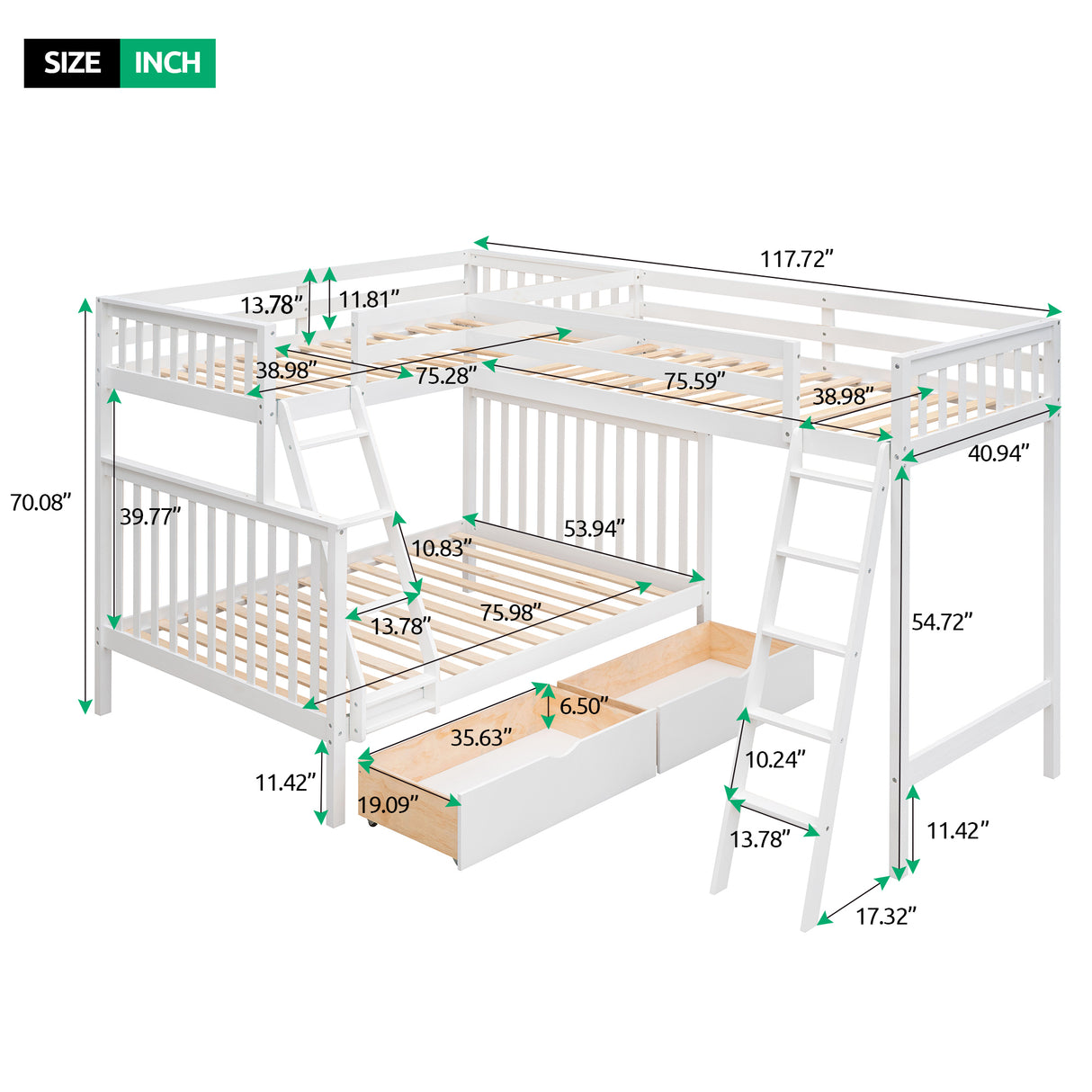 L-Shaped Twin over Full Bunk Bed and Twin Size Loft Bed with Two Storage Drawers,White - Home Elegance USA