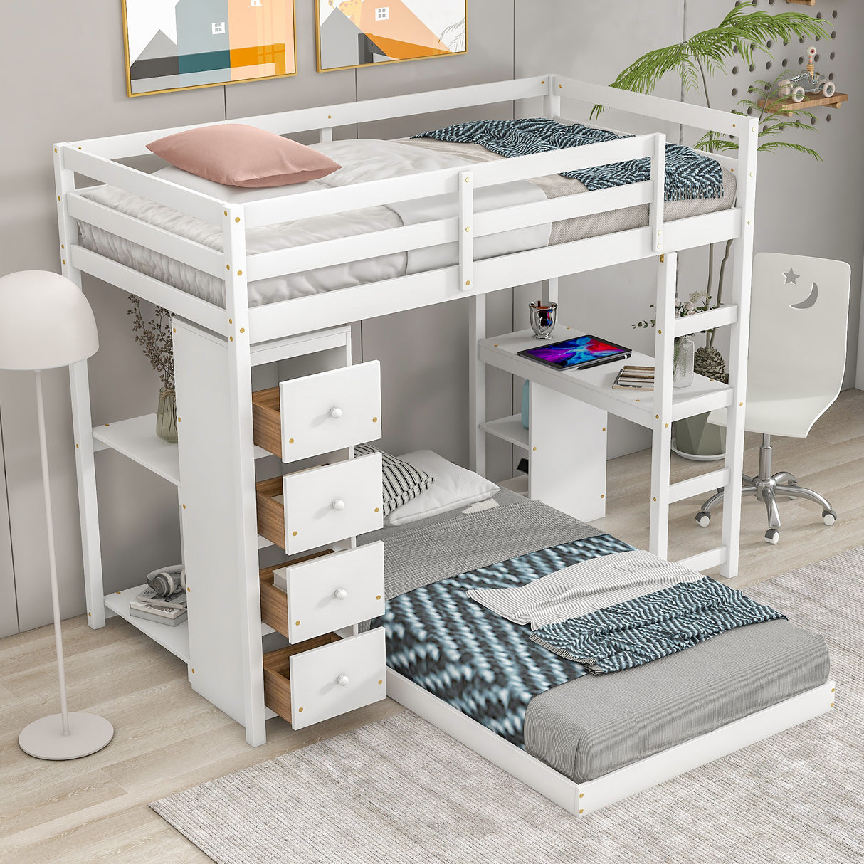 Twin over Twin Bed with Drawers and Shelves,White - Home Elegance USA