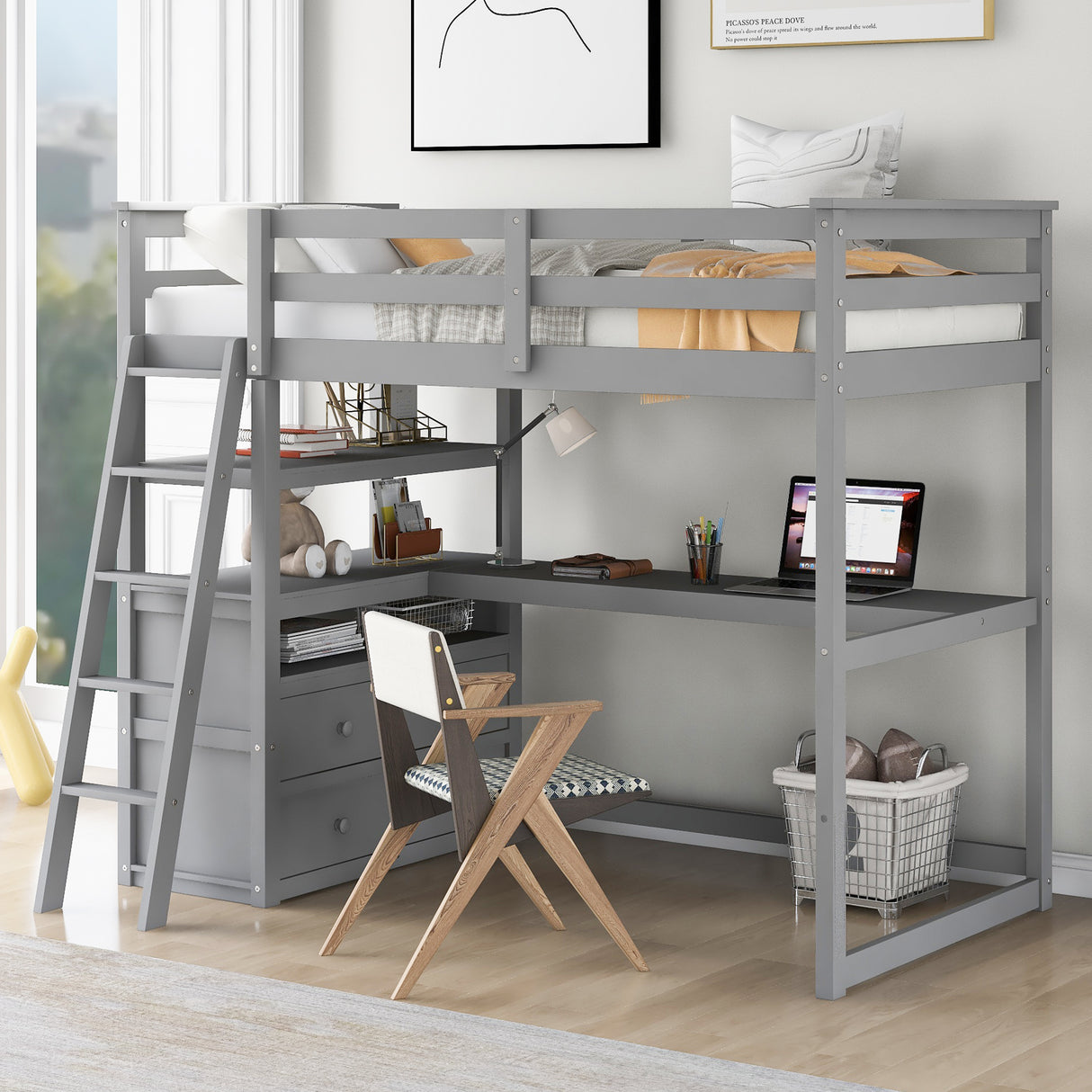 Twin Size Loft Bed with Desk and Shelves, Two Built-in Drawers, Gray(old SKU: GX000803AAE-1） - Home Elegance USA