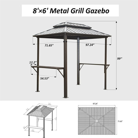 8' × 6' Grill Gazebo | Aluminum BBQ Metal Frame with Shelves & Serving Tables | Permanent Double Roof Hardtop for Patio, Lawn & Backyard – Brown