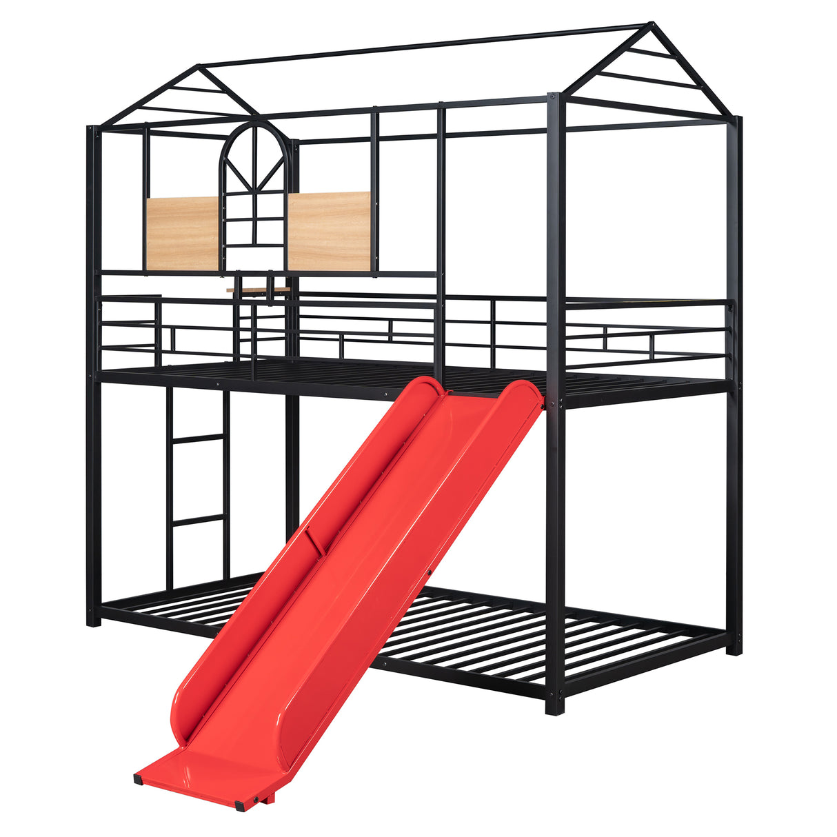 Twin Over Twin Metal Bunk Bed ,Metal Housebed With Slide,Three Colors Available.(Black with Red Slide)(OLD SKU :LP000095AAJ) - Home Elegance USA