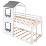 Twin Over Twin Bunk Bed Wood Bed with Roof, Window, Guardrail, Ladder (White)(OLD SKU :LP000056AAK) - Home Elegance USA