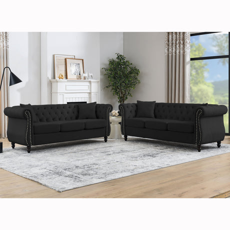 [Video] 80" Chesterfield Sofa Black Velvet for Living Room, 3 Seater Sofa Tufted Couch with Rolled Arms and Nailhead for Living Room, Bedroom, Office, Apartment, 3S With 3S - Home Elegance USA