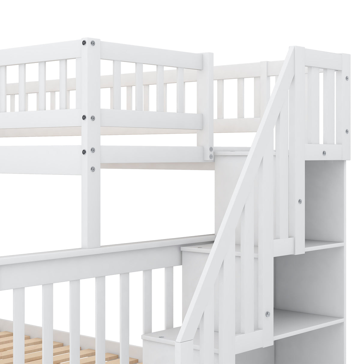 Twin over Full Bunk Bed with Trundle and Staircase,White - Home Elegance USA