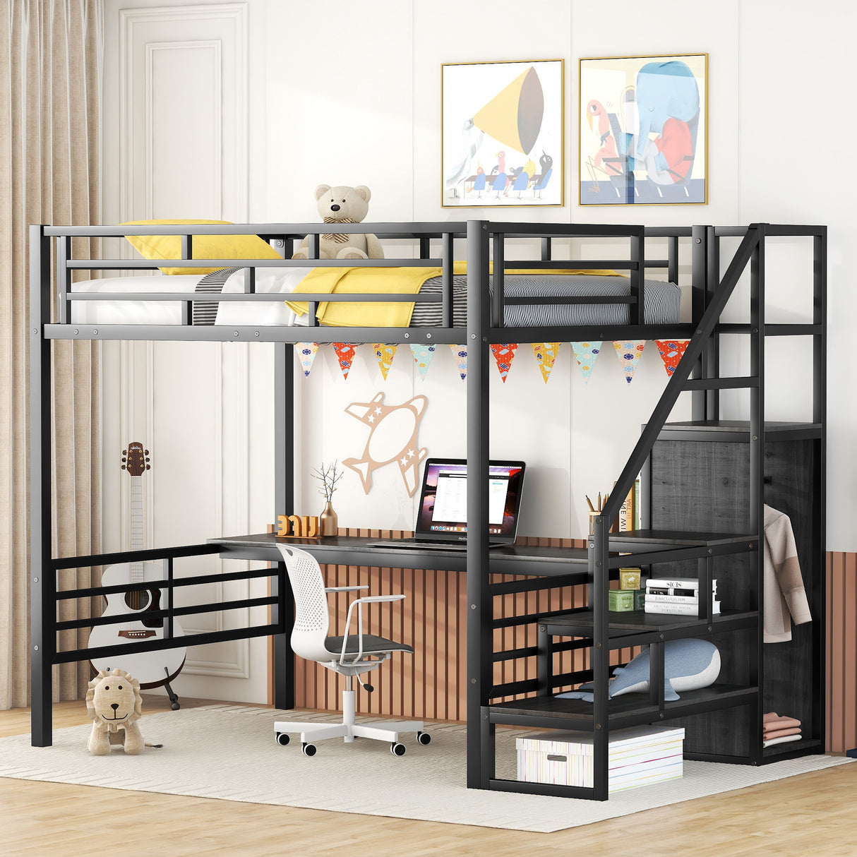 Full Size Metal Loft Bed with Desk, Storage Staircase and Small Wardrobe, Storage stairs can be installed left and right,Black - Home Elegance USA