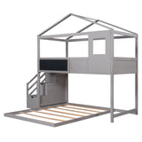 Twin over Full House Bunk Bed with Storage Staircase and Blackboard,Grey - Home Elegance USA