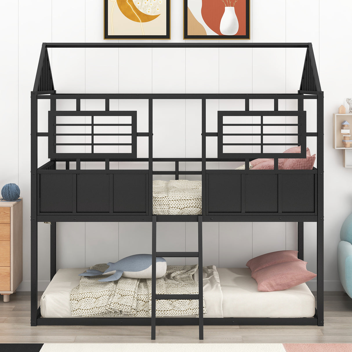 Twin over Twin Size Metal Low Bunk Beds with Roof and Fence-shaped Guardrail, Black - Home Elegance USA