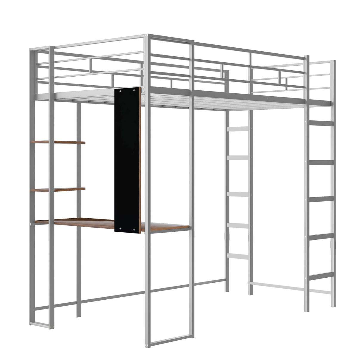 Twin Metal Loft Bed with 2 Shelves and one Desk ,Silver(Old SKU: MF281206AAN)