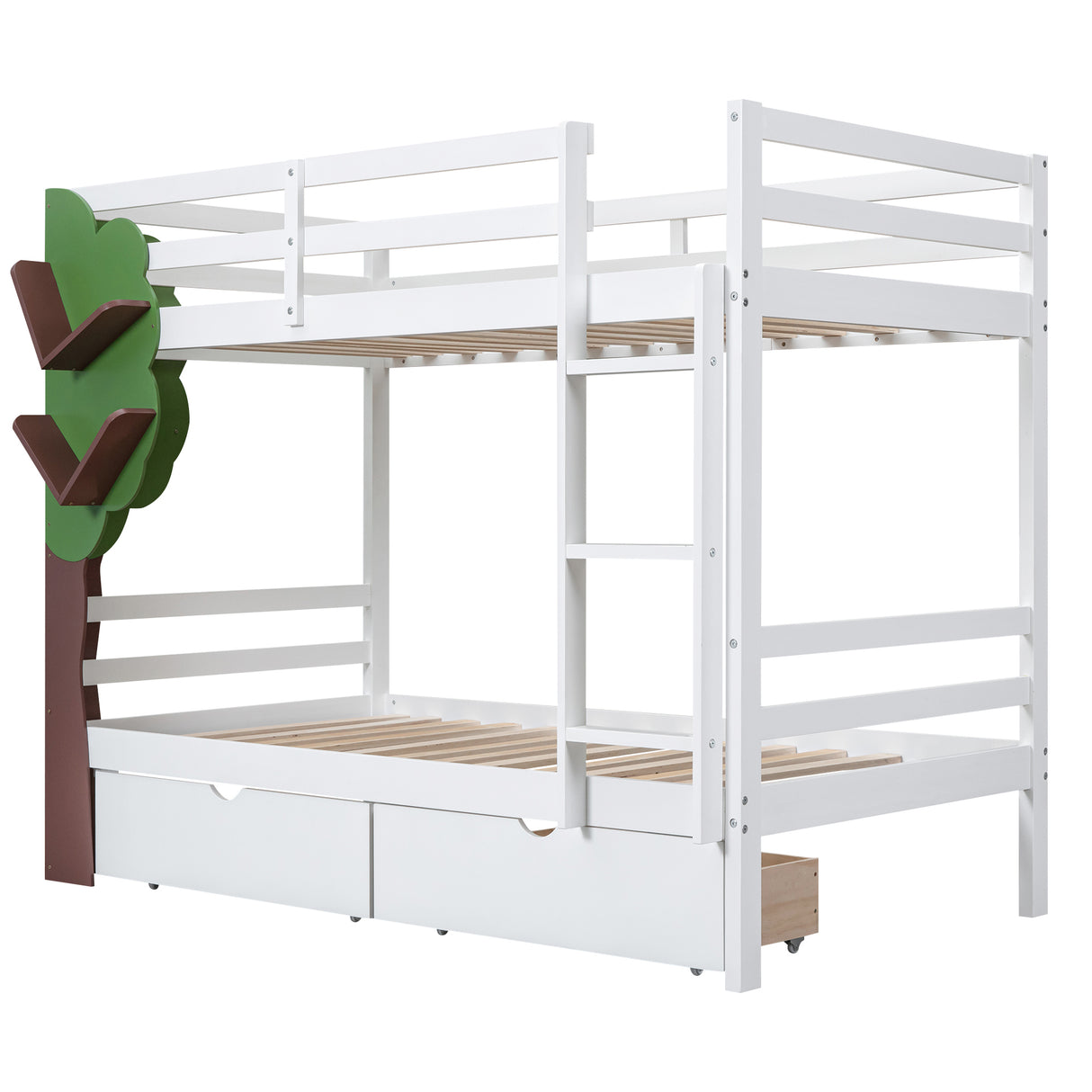 Twin-Over-Twin Bunk Bed with  a Tree Decor and Two Storage Drawers, White - Home Elegance USA