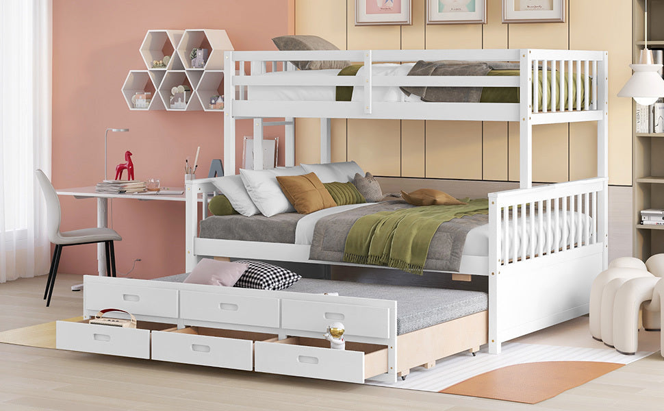 Twin-Over-Full Bunk Bed with Twin size Trundle , Separable Bunk Bed with Drawers for Bedroom - White - Home Elegance USA