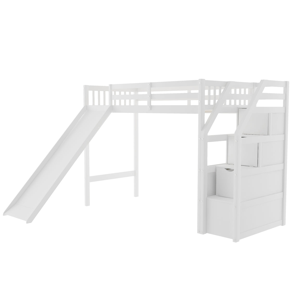 Twin Size Loft Bed with Storage and Slide, White - Home Elegance USA