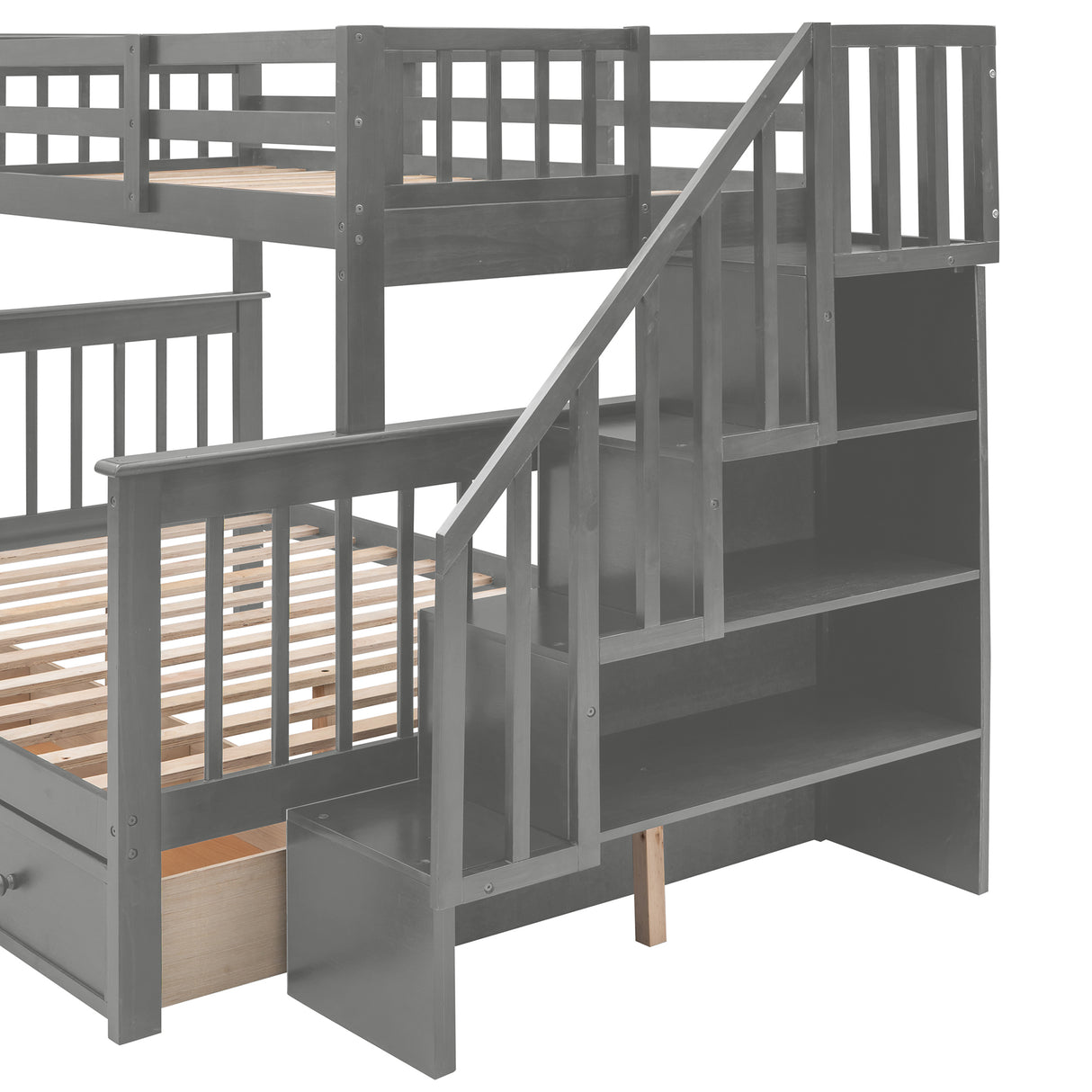 Stairway Twin-Over-Full Bunk Bed with Drawer, Storage and Guard Rail for Bedroom, Dorm, for Adults, Gray color(Old SKU: LP000219AAE) - Home Elegance USA