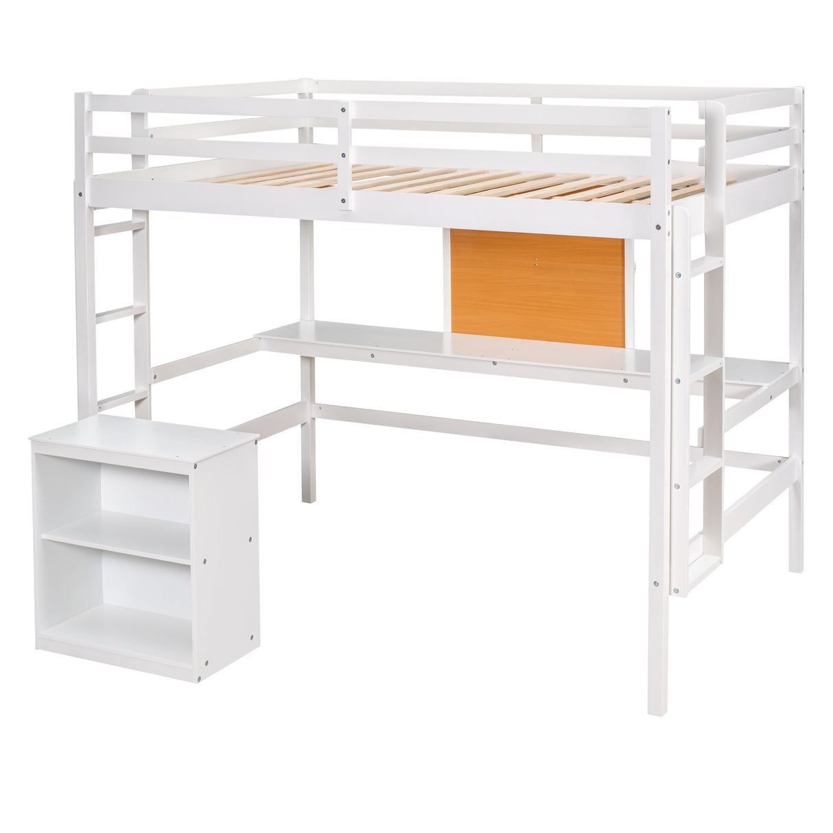 Full size Loft Bed with Desk and Writing Board, Wooden Loft Bed with Desk & 2 Drawers Cabinet- White - Home Elegance USA