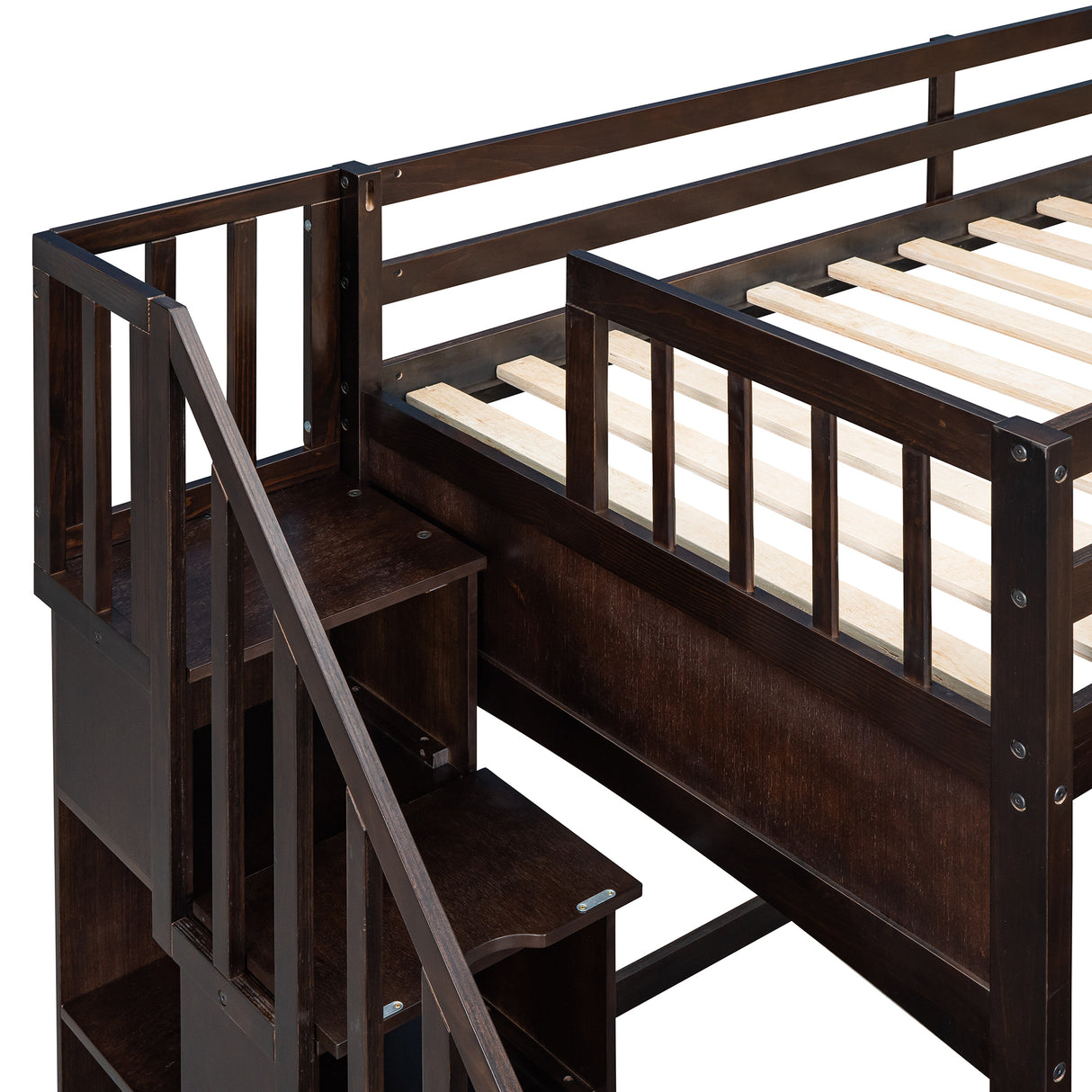 Stairway Twin XL Loft Bed with Twin Size Trundle and 3 Drawers, Storage, Desk, Espresso - Home Elegance USA