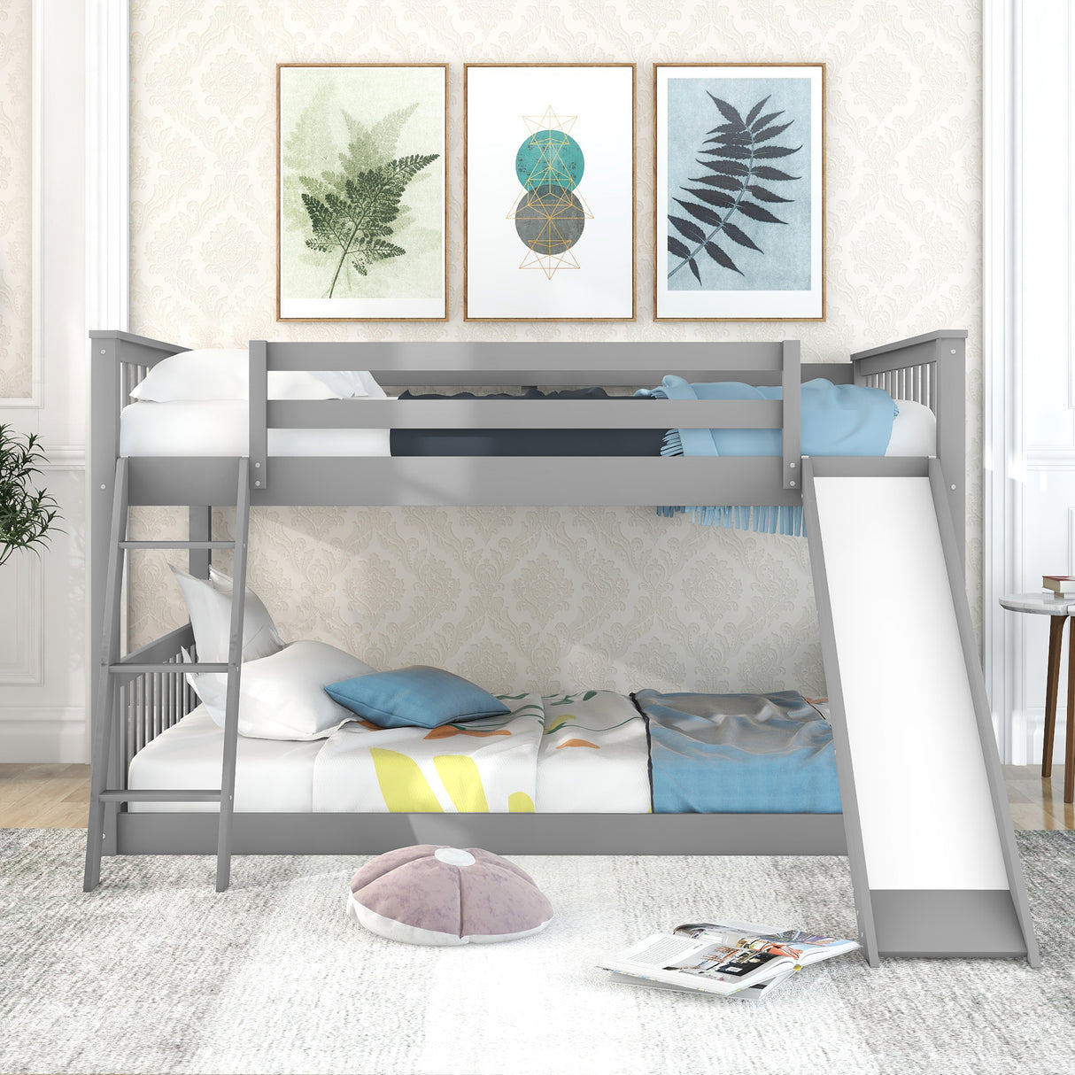 Full over Full Bunk Bed with Convertible Slide and Ladder, Gray - Home Elegance USA