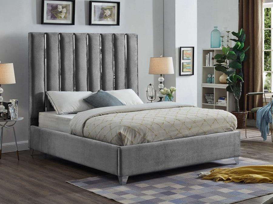 Meridian Furniture - Enzo Velvet Queen Bed In Grey - Enzogrey-Q