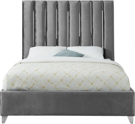 Meridian Furniture - Enzo Velvet Queen Bed In Grey - Enzogrey-Q