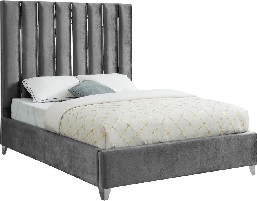 Meridian Furniture - Enzo Velvet Queen Bed In Grey - Enzogrey-Q