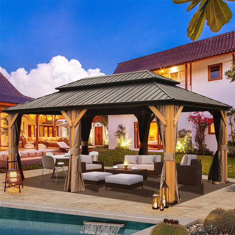 12x20 Hardtop Gazebo | Cedar Wood Frame, Galvanized Steel Roof | Metal Pavilion with Curtains & Netting – Brown