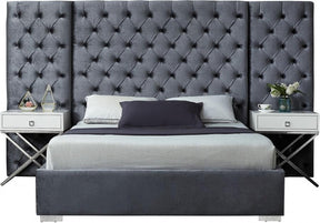Grande Velvet King Bed In Grey - Grandegrey-K | Meridian
