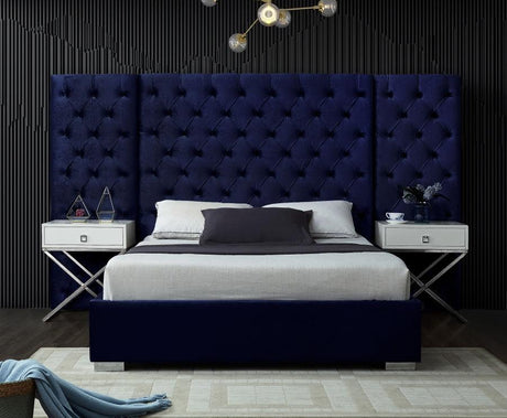 Meridian Furniture - Grande Velvet Queen Bed In Navy - Grandenavy-Q