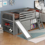 Low Loft Bed with Attached Bookcases and Separate 3-tier Drawers,Convertible Ladder and Slide,Twin,Gray - Home Elegance USA
