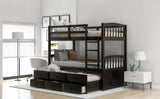 Twin over Twin Wood Bunk Bed with Trundle and Drawers, Espresso - Home Elegance USA