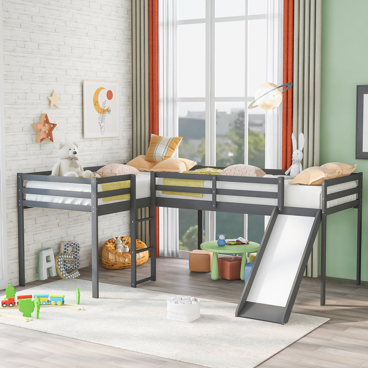 L-Shaped Twin Size Loft Bed with Ladder and Slide, Gray - Home Elegance USA