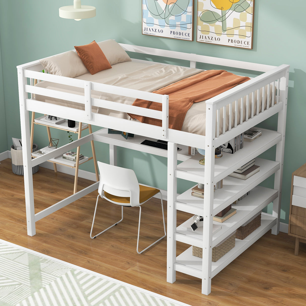 Full Size Loft Bed with Storage Shelves and Under-bed Desk, White - Home Elegance USA