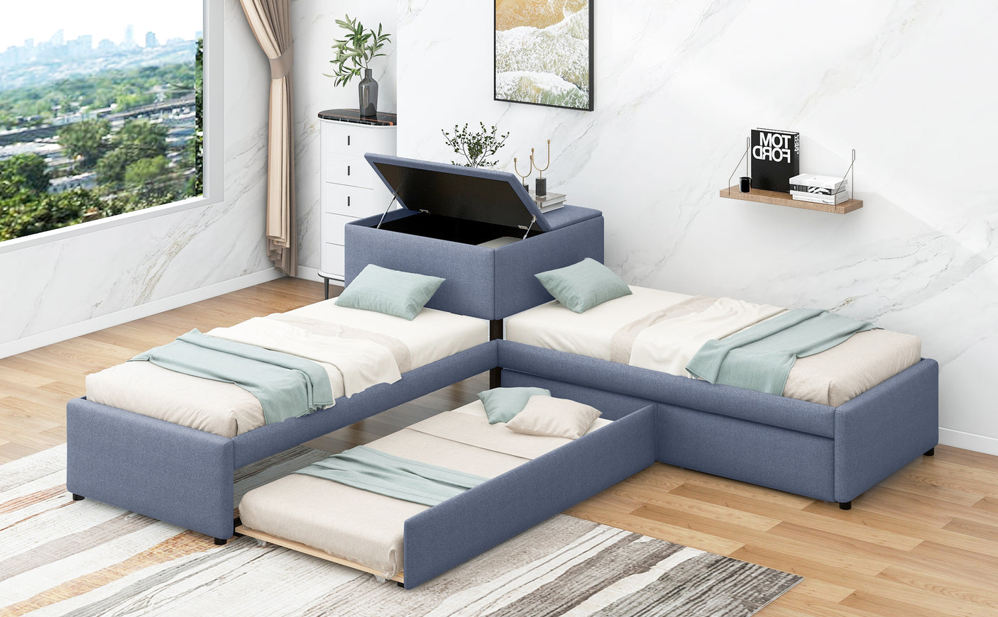L-shaped Upholstered Platform Bed with Trundle and Two Drawers Linked with built-in Desk,Twin,Gray - Home Elegance USA