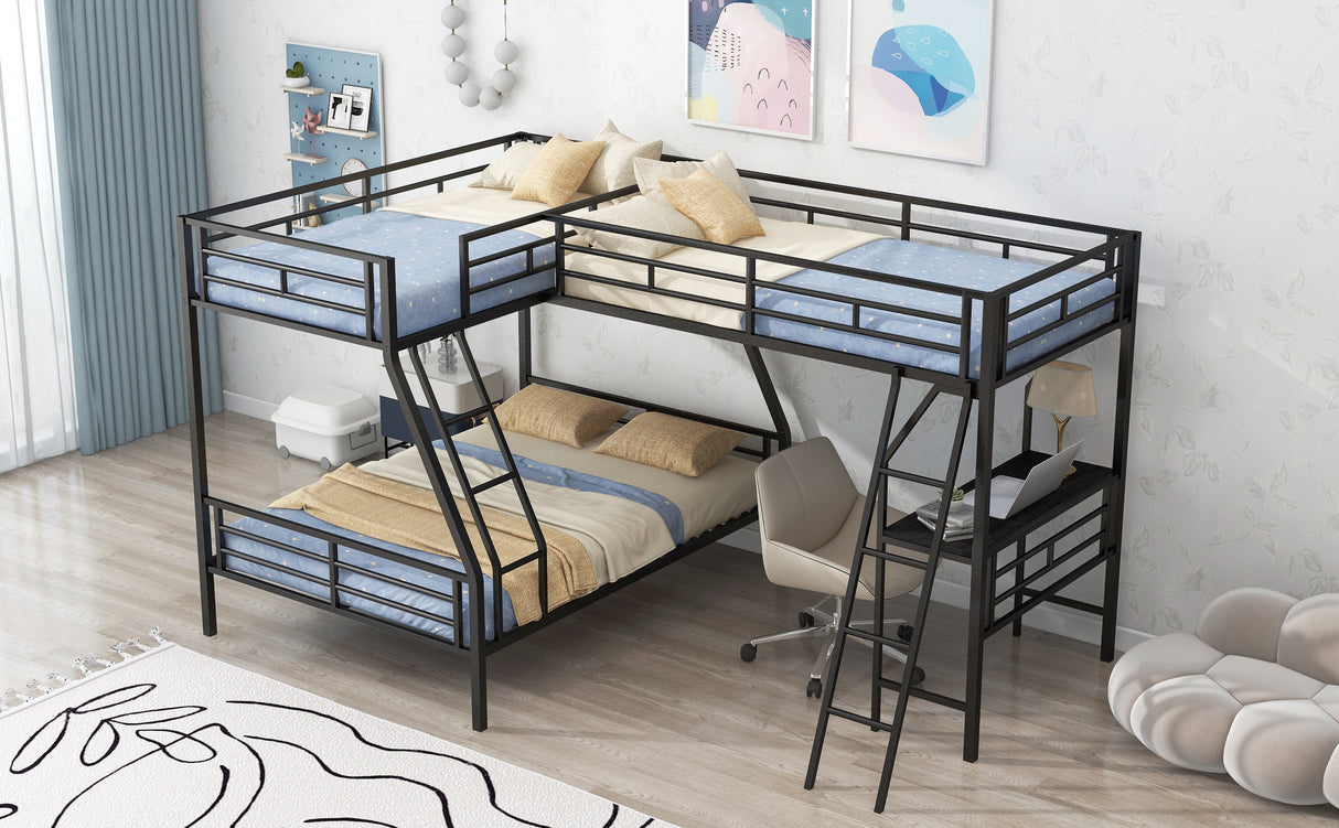 Twin over Full Bunk Bed with a Twin Size Loft Bed attached, with a Desk, Metal, Black - Home Elegance USA