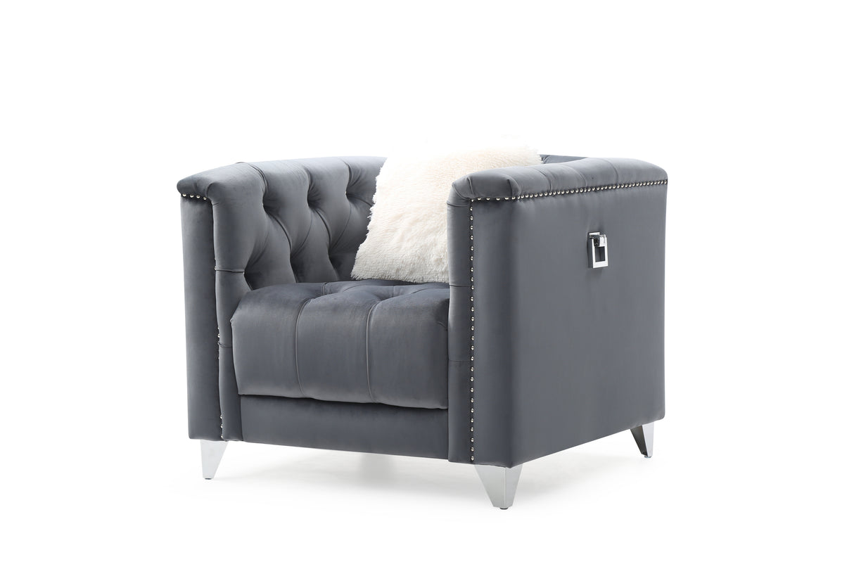 Russell Tufted Upholstery Chair Finished in Velvet Fabric in Gray Home Elegance USA