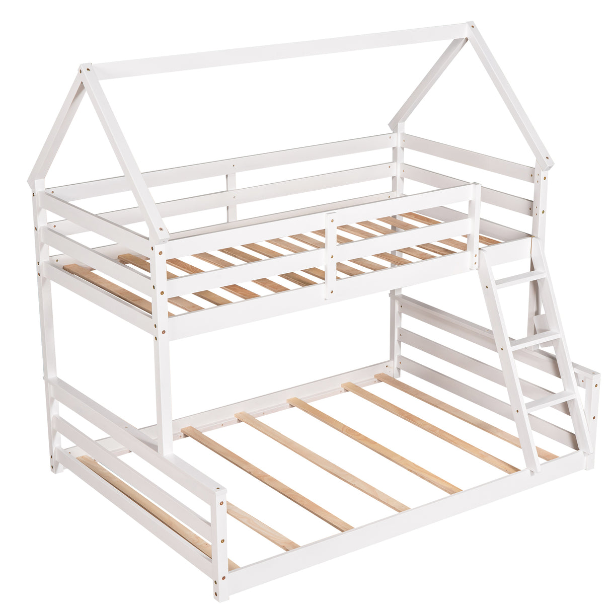 Twin over Full House Bunk Bed with Built-in Ladder,White - Home Elegance USA