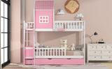 Twin over Twin Bunk Bed with Twin Size Trundle , Farmhouse Bed with Storage Box and Drawer - Pink - Home Elegance USA