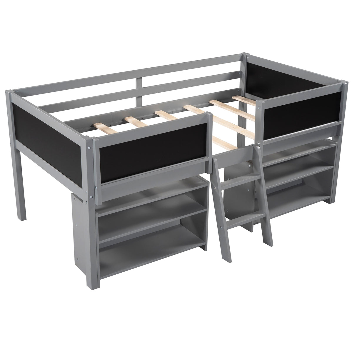 Twin Size Low Loft Bed with Two Movable Shelves and Ladder,with Decorative Guardrail Chalkboard,Gray - Home Elegance USA