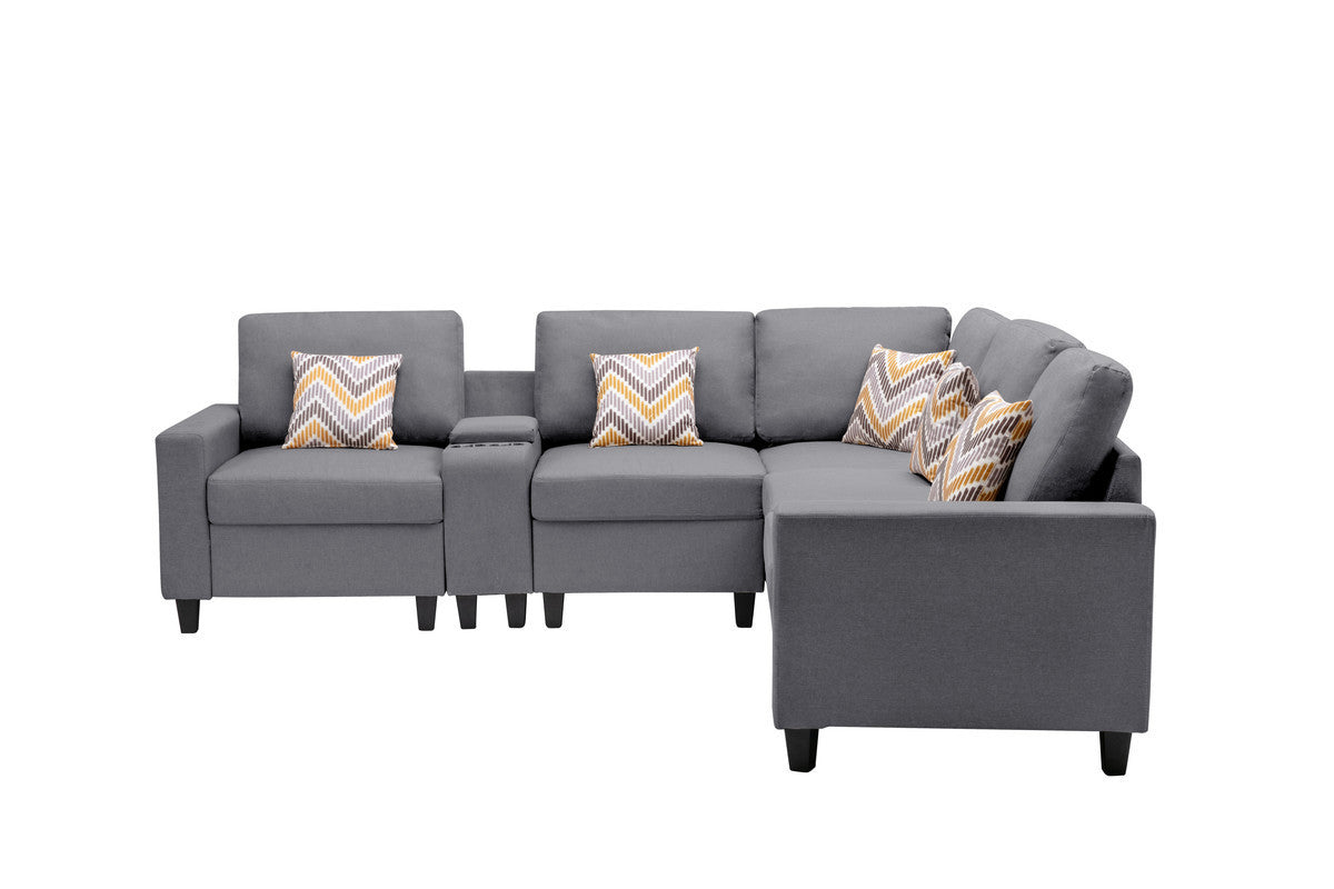 Nolan Gray Linen Fabric 6Pc Reversible Sectional Sofa with a USB, Charging Ports, Cupholders, Storage Console Table and Pillows and Interchangeable Legs - Home Elegance USA