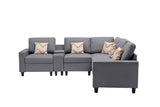 Nolan Gray Linen Fabric 6Pc Reversible Sectional Sofa with a USB, Charging Ports, Cupholders, Storage Console Table and Pillows and Interchangeable Legs - Home Elegance USA