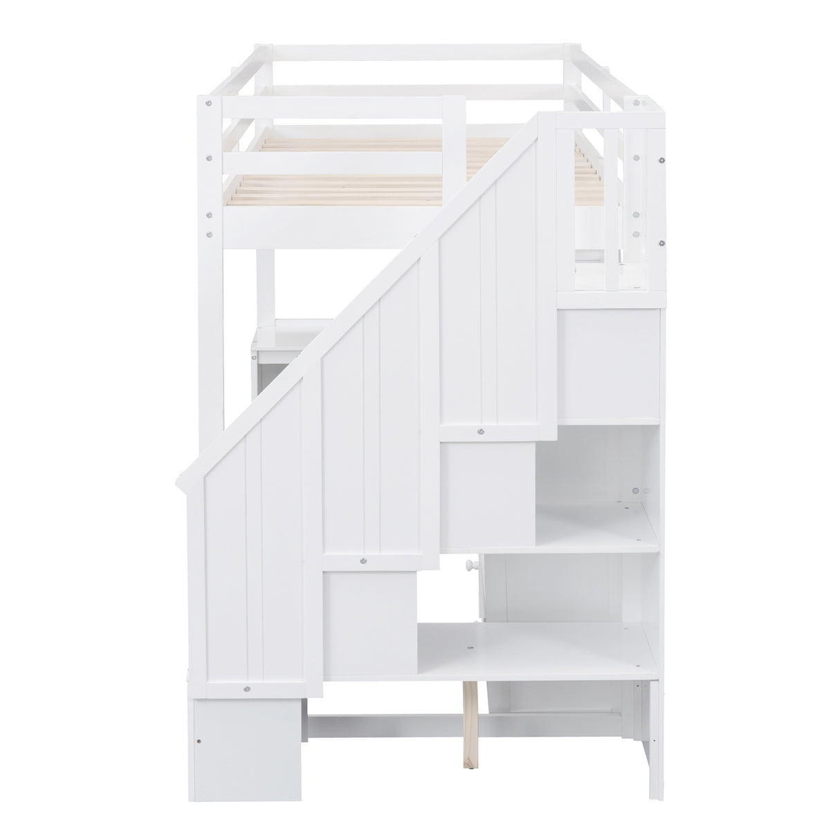 Twin Size Loft Bed with L-Shaped Desk and Drawers, Cabinet and Storage Staircase, White - Home Elegance USA