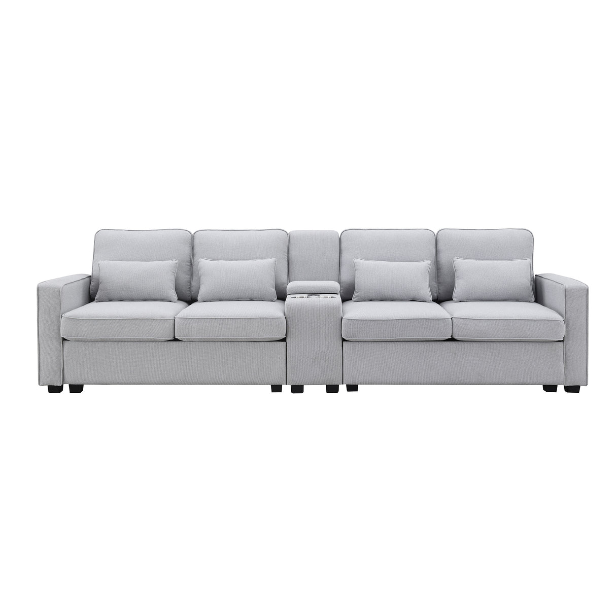 [VIDEO provided] [New] 114.2" Upholstered Sofa with Console, 2 Cupholders and 2 USB Ports Wired or Wirelessly Charged, Modern Linen Fabric Couches with 4 Pillows for Living Room, Apartment (4-Seat) Home Elegance USA