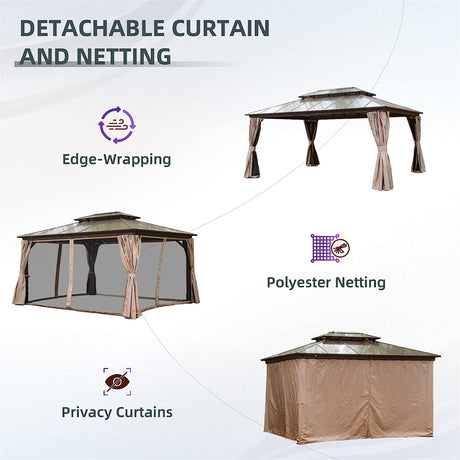 12x16ft Hardtop Gazebo, Permanent Outdoor Gazebo with Polycarbonate Double Roof, Aluminum Gazebo Pavilion with Curtain and Net for Garden, Patio, Lawns, Deck, Backyard, Wood Looking | Home Elegance USA