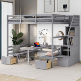 Full over Full Size Bunk Bed with staircase,the Down Bed can be Convertible to Seats and Table Set,Grey - Home Elegance USA